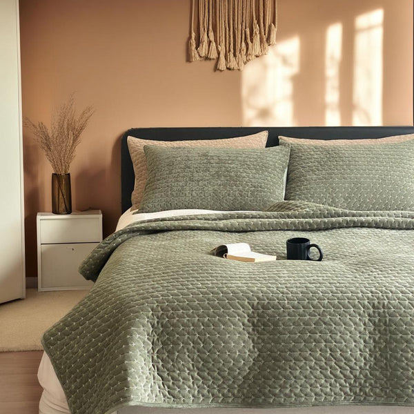 Sardinia Cross Stitched Velvet Bedspread Coverlet Set 230cm x 245cm + 2 Pillowcases | Forest Green