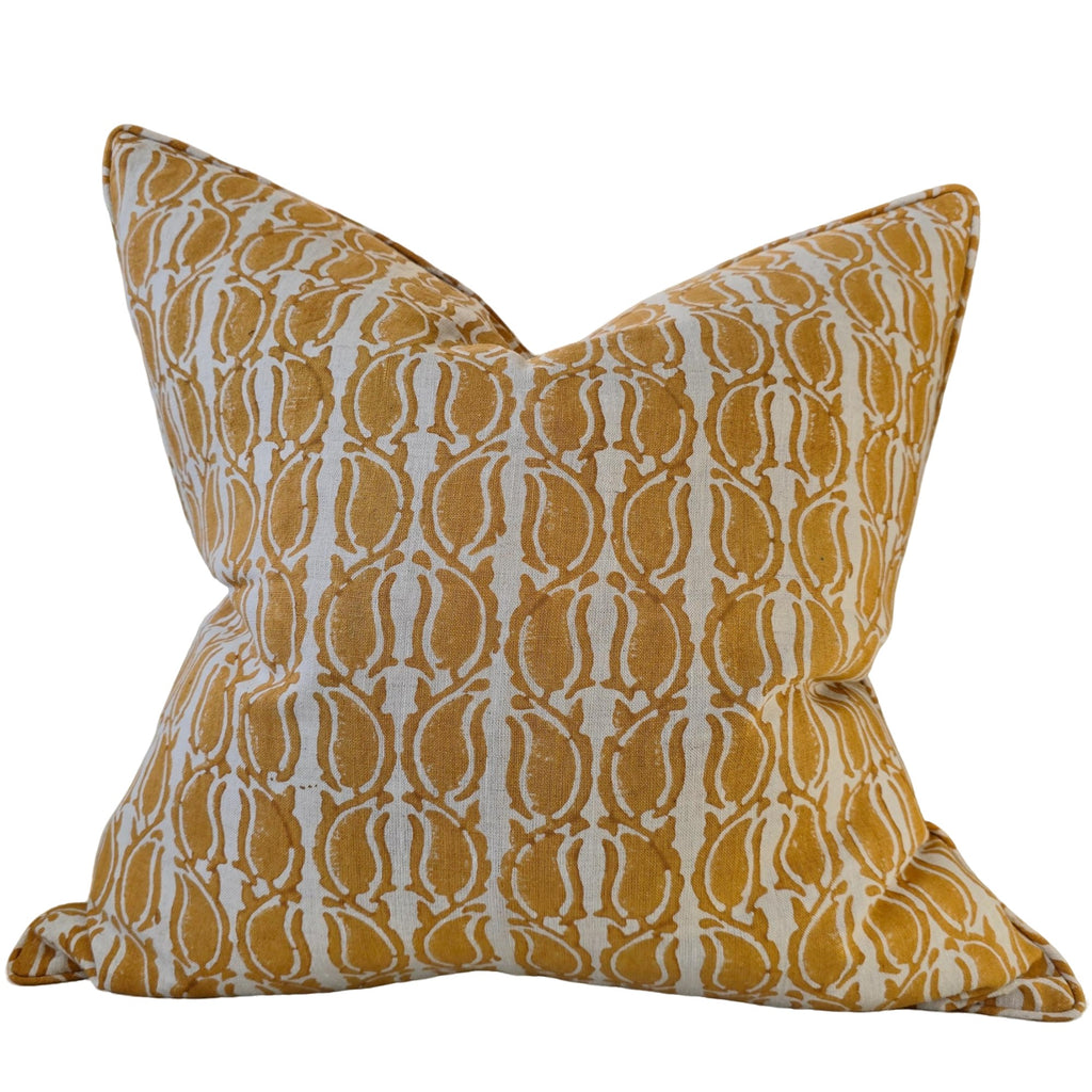 Penelope Artisan Block Printed Heavy Weight Pure French Linen Cushion 55cm Square - Taffy