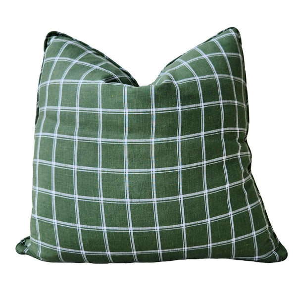 Nova Heavyweight Pure French Linen Cushion 55cm Square -Green Plaid