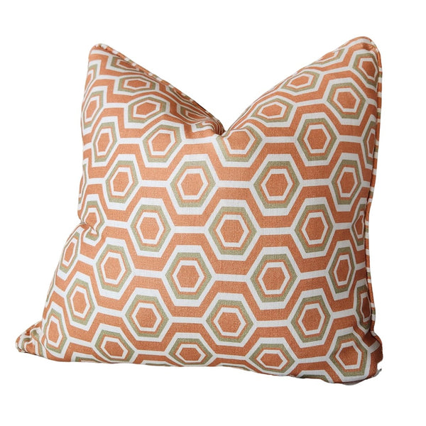 Nova Heavyweight Pure French Linen Cushion 55cm Square - Orange Hexagon