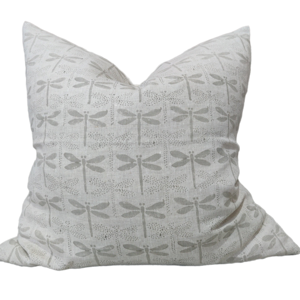 JAPANDI Dragon Fly Artisan Block Printed Heavy Weight Pure French Linen Cushion 55cm Square - Light Grey