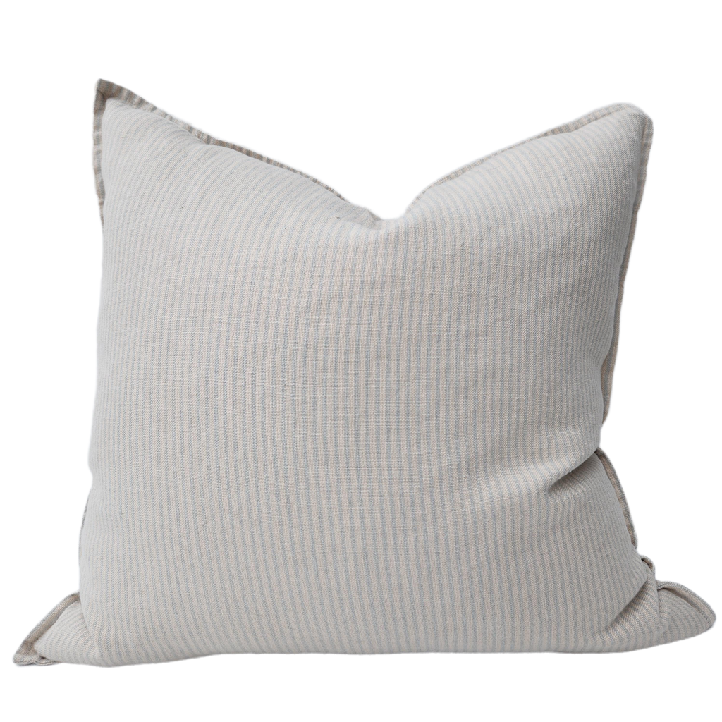 Rustique Stonewashed Heavy Weight French Linen Cushion 55cm Square Feather Filled - Blue Latte Striped