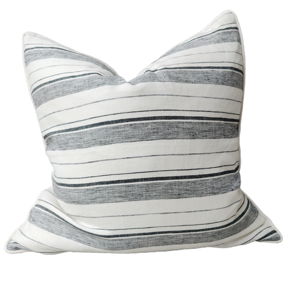 Turin Heavyweight French Linen Yarn Dyed Cushion 55cm Square - Black White Striped