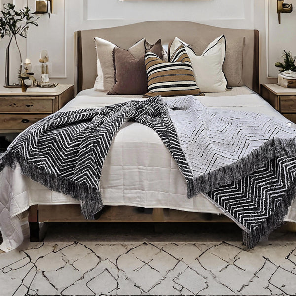 Chinoiserie Reversable Jacquard Bedcover Massive Throw 145cm x 220cm - Herringbone Black & White