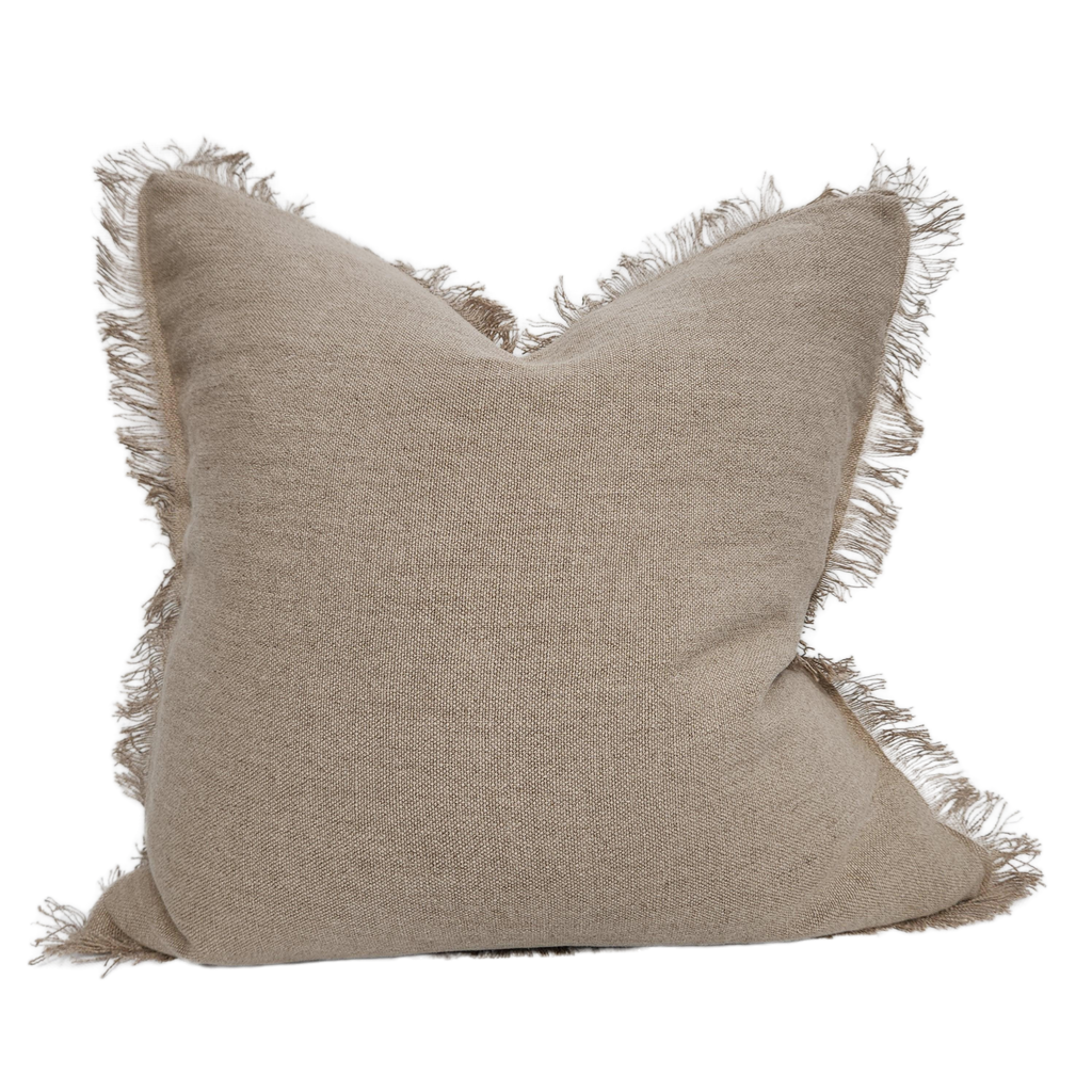 Riviera Heavy Weight Texture French Linen Fringed Edge Cushion 55cm Square - Mocha