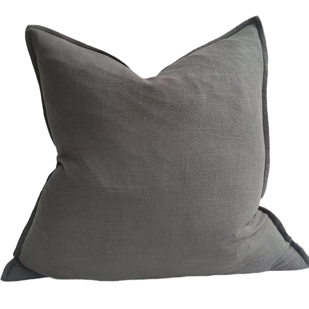 Oban Herringbone Woven Stonewashed French Linen Cushion 55cm Square Feather Filled - Wood Charcoal