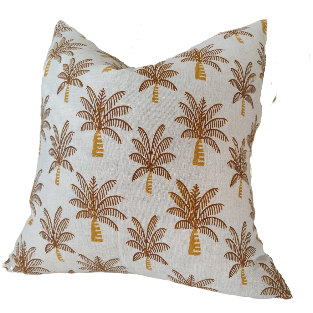 Jaipur Artisan Block Printed Heavy Weight Pure French Linen Cushion 55cm Square - Palm Tree