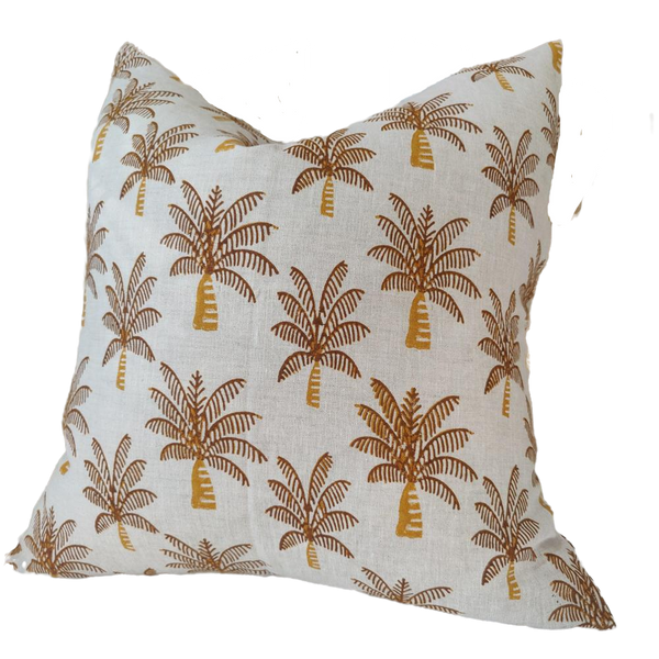 Jaipur Artisan Block Printed Heavy Weight Pure French Linen Cushion 55cm Square - Palm Tree