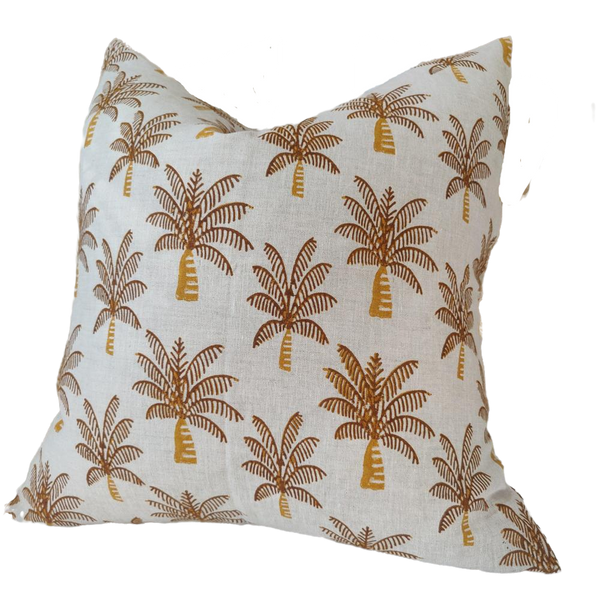 Jaipur Artisan Block Printed Heavy Weight Pure French Linen Cushion 55cm Square Feather Filled - Palm Tree