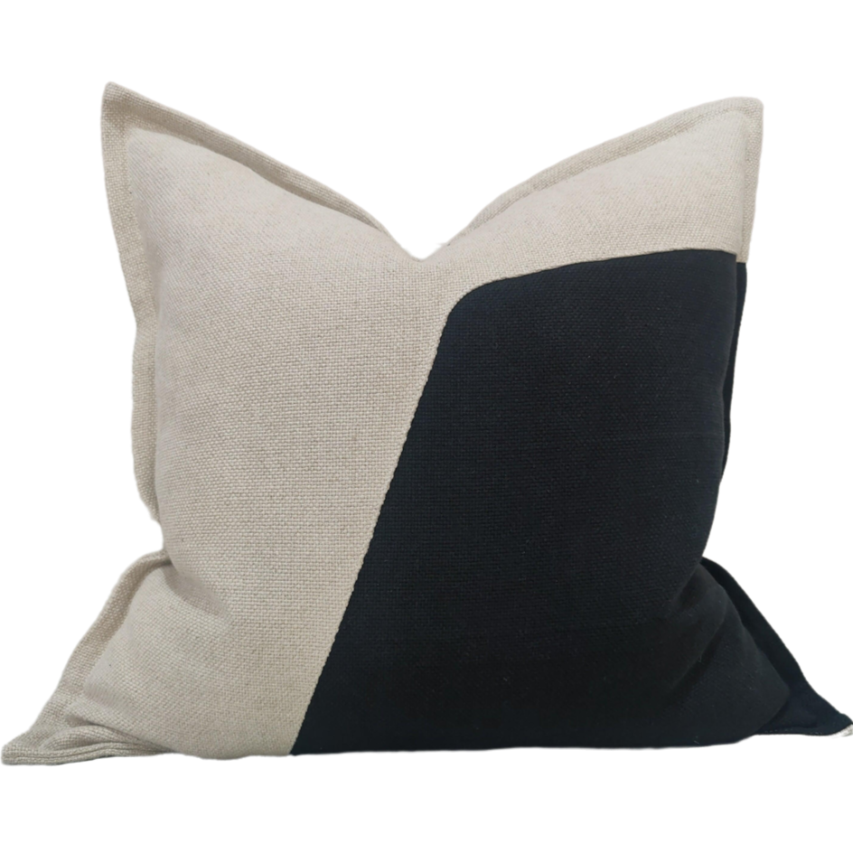 Rowan Patchworked Heavyweight Pure French Linen Cushion 55x55cm - Natural & Black