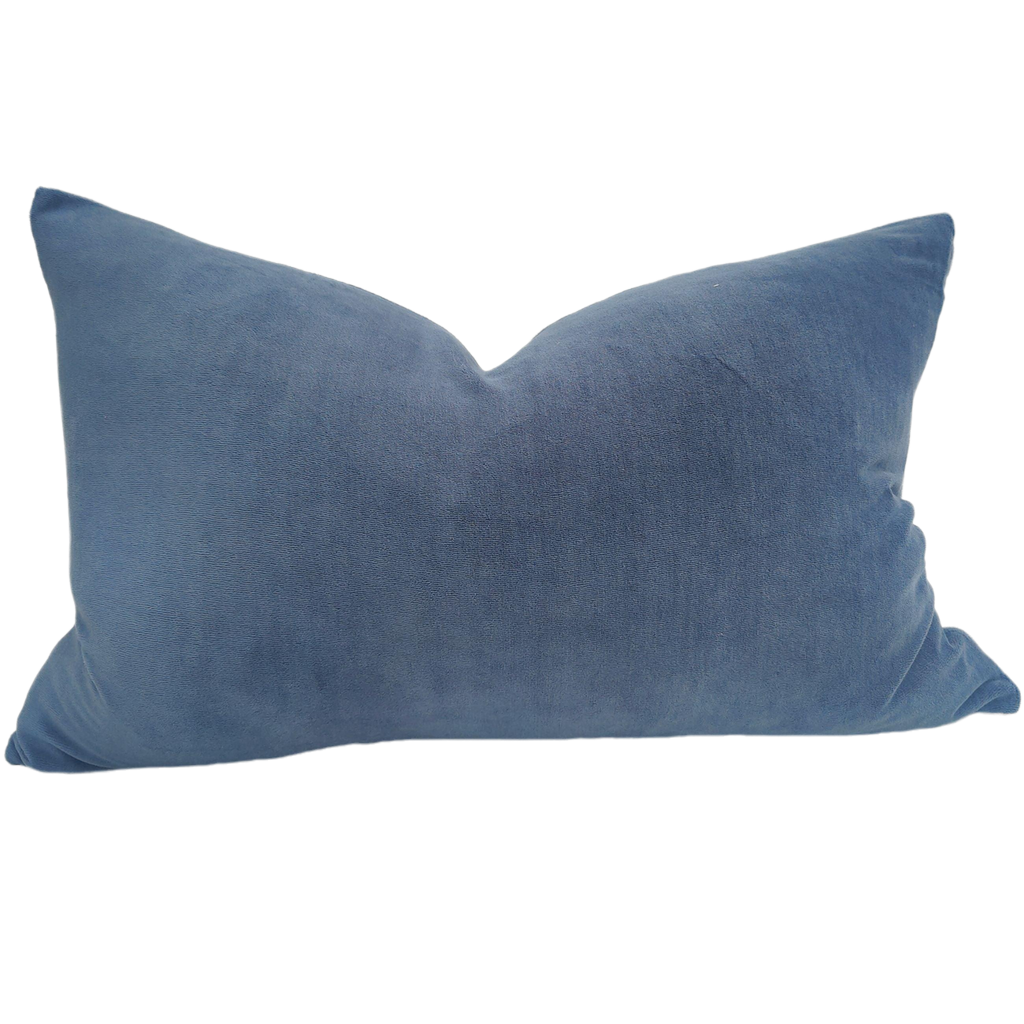 Fontainebleau Cotton Velvet & French Linen Two Sided Feather Filled Cushion 40cmx60cm Lumbar- Stone Blue