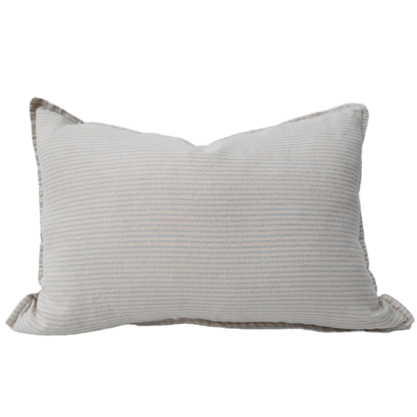 Rustique Stonewashed Heavy Weight French Linen Cushion 40x60cm Lumbar Feather Filled - Blue Latte Striped