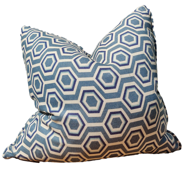 Nova Heavyweight Pure French Linen Cushion 55cm Square - Navy Hexagon