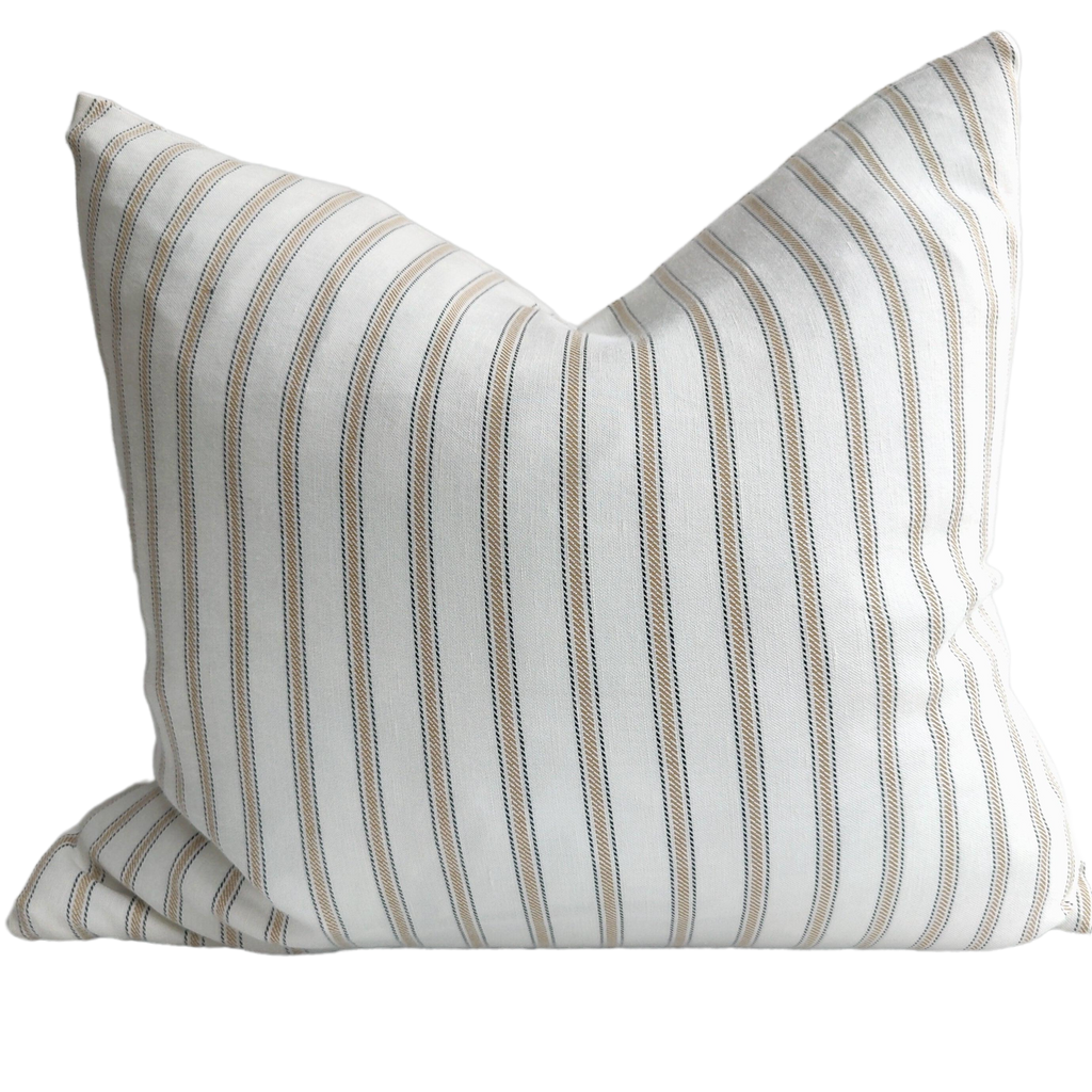LUCCA Stonewashed French Linen Cushion 50cm Square - Quartz Sand & White Striped