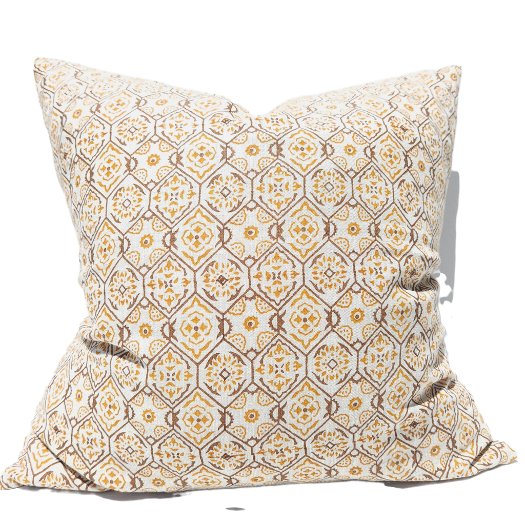 The Outback Artisan Block Printed Heavy Weight Pure French Linen Cushion 55cm Square - Wildflower Abound Earthy Tone