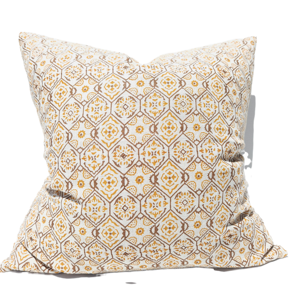 The Outback Artisan Block Printed Heavy Weight Pure French Linen Cushion 55cm Square - Wildflower Abound Earthy Tone