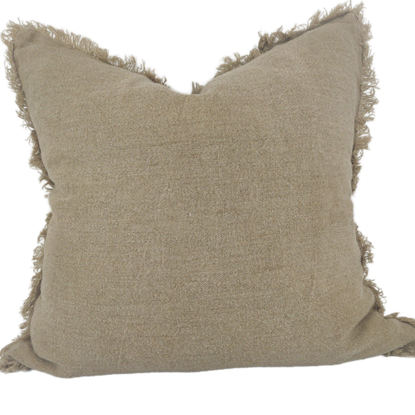 Freya Heavy Weight Earthiness French Linen Fringed Edge Cushion Feather Filled 60cm Square- Flax