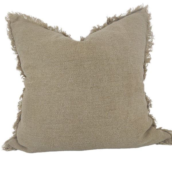 Freya Heavy Weight Earthiness French Linen Fringed Edge Cushion Feather Filled 55cm Square- Flax