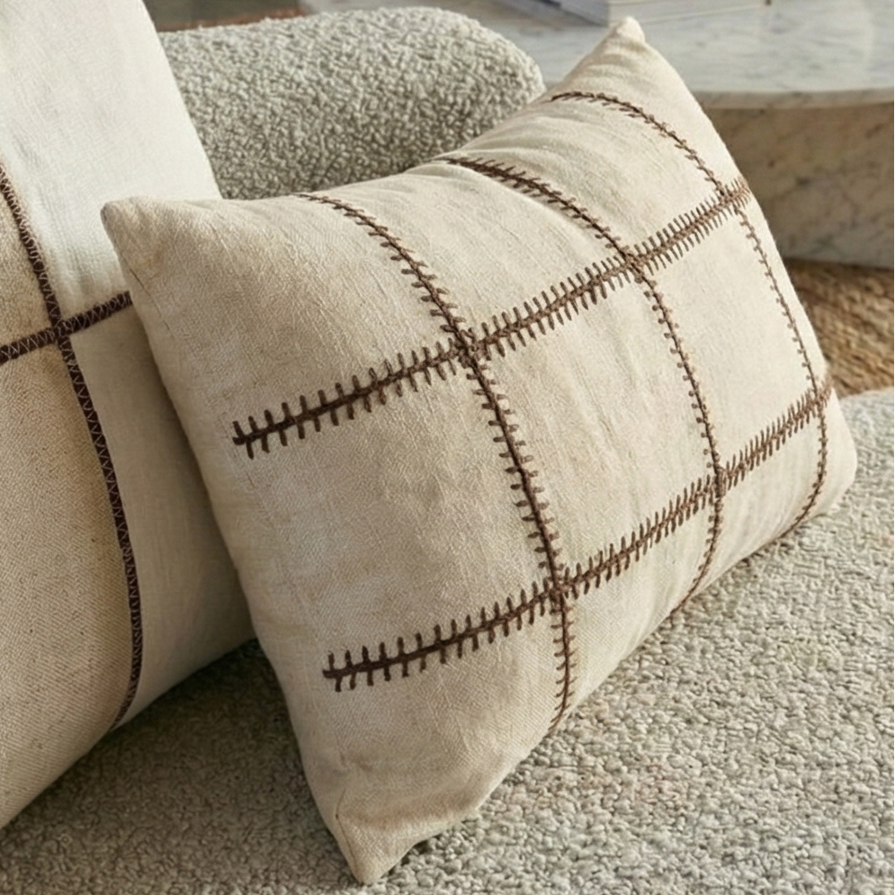 Sadie Linen Cushion 40x60cm Lumbar - Brown Bold Stitch