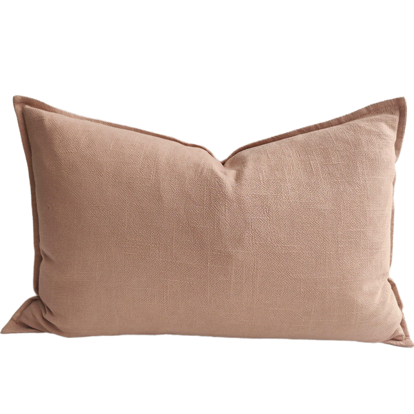 Oban Herringbone Woven Stonewashed French Linen Cushion 40cmx60cm Lumbar Feather Filled - Peach