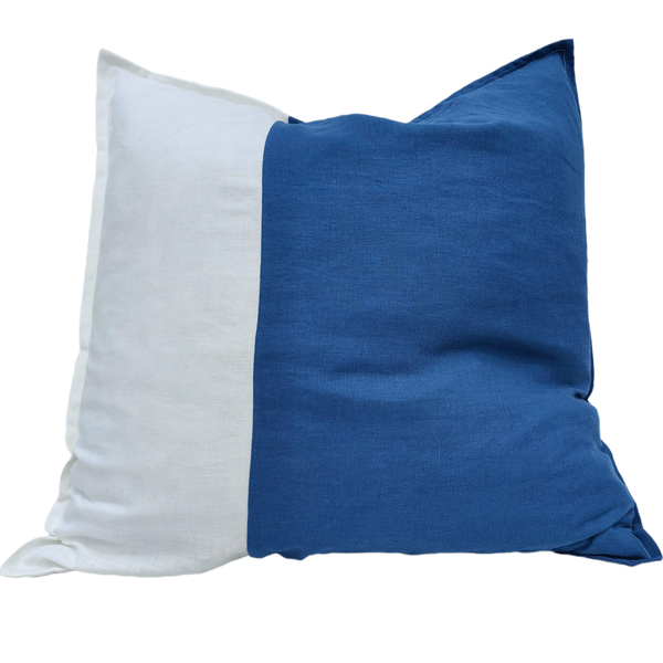 Nantes 100% Pure French Linen Cushion Square Feather Filled 55cm-Alantic Blue & White
