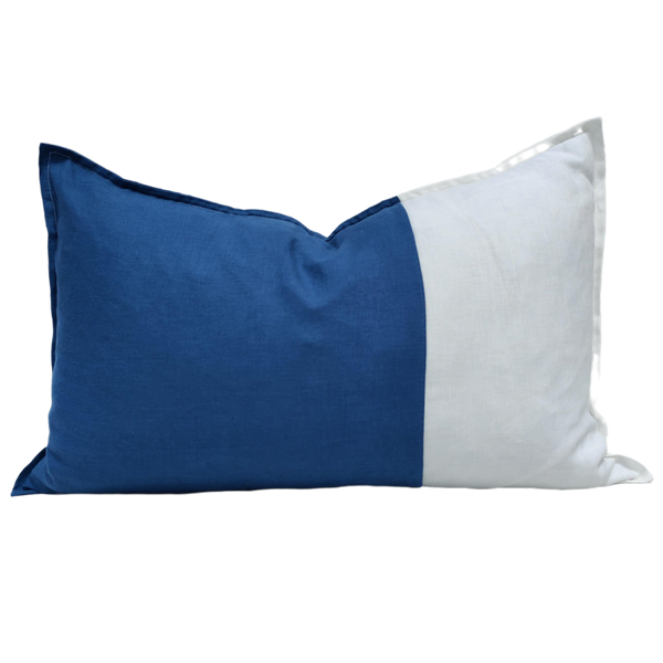 Nantes 100% Pure French Linen Cushion Feather Filled Lumbar 40x60cm - Atlantic Blue & White