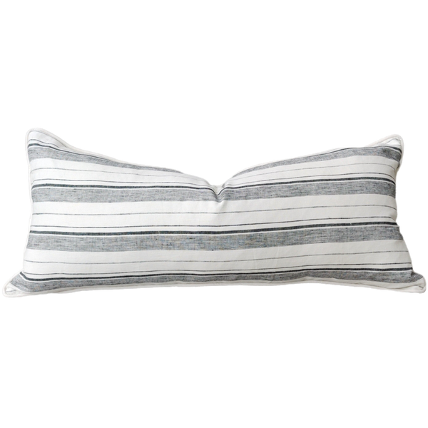 Turin Heavyweight French Linen Yarn Dyed Cushion 40x90cm Lumbar Feather Filled - Black White Striped