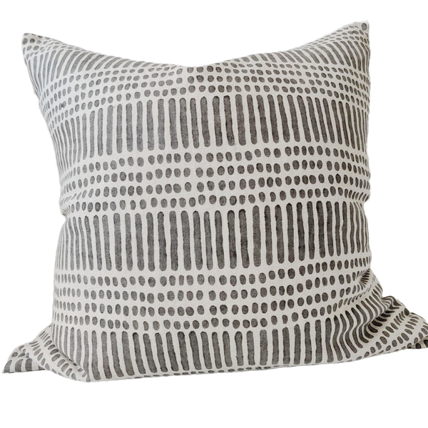 Kimpton Grey Artisan Block Printed Heavy Weight Pure French Linen Cushion 55cm Square - Feather Filled