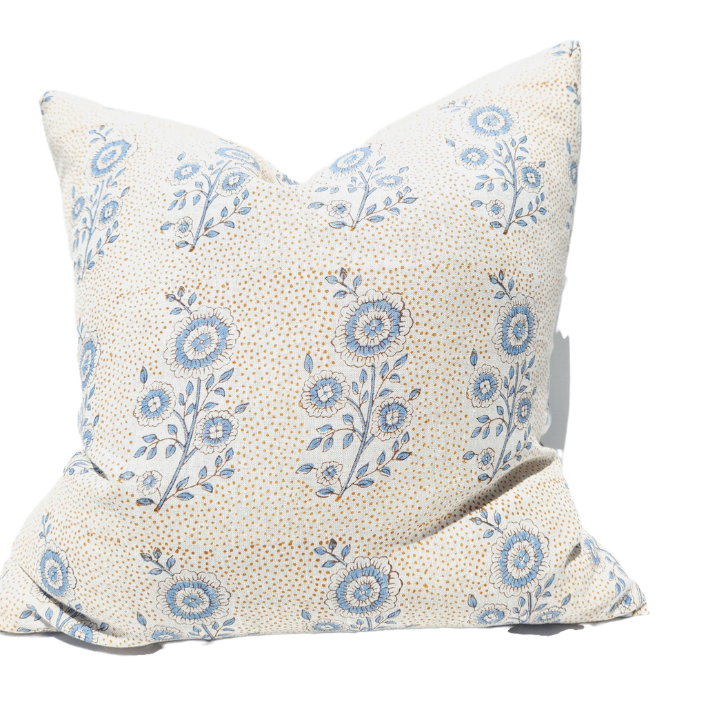 RESTOCK SOON - The Outback Artisan Block Printed Heavy Weight Pure French Linen Feather Filled Cushion 55cm Square - A Lonesome Flower