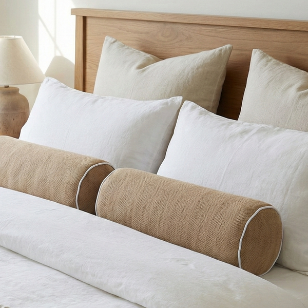 Hailey Linen Chenille Cushion Bolster 60cm Length - Bosc Pear with Natural Piping