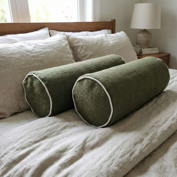 Hailey Linen Chenille Cushion Bolster 60cm Length - Moss Green with Natural Piping