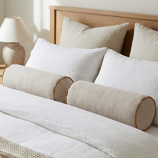 Hailey Linen Chenille Cushion Bolster 60cm Length - Natural with Bosc Pear Piping
