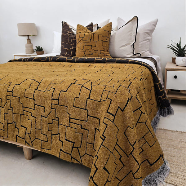 Serene Reversable Massive Throw Bedcover 140cm x 220cm  - Bright Orange | Abstract Black
