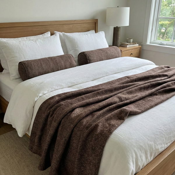 Bedroom with a neatly made bed featuring white bedding and brown throw blanket.
