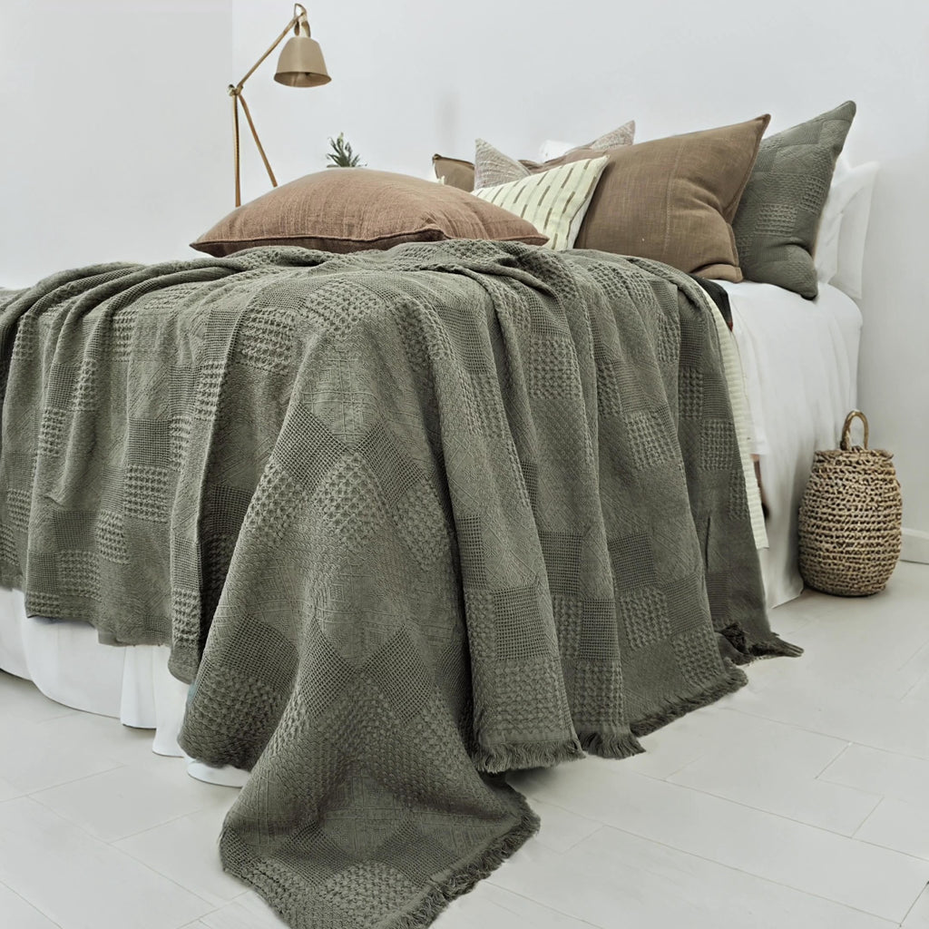 Piper Waffle 100% Cotton Bedcover Massive Throw 200x230cm - Dark Khaki Green