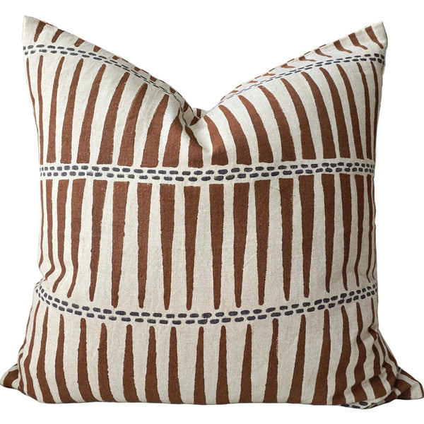Tribal Artisan Block Printed Heavy Weight Pure French Linen Cushion 55cm Square - Mocha Mousse | Dark Brown Dotted