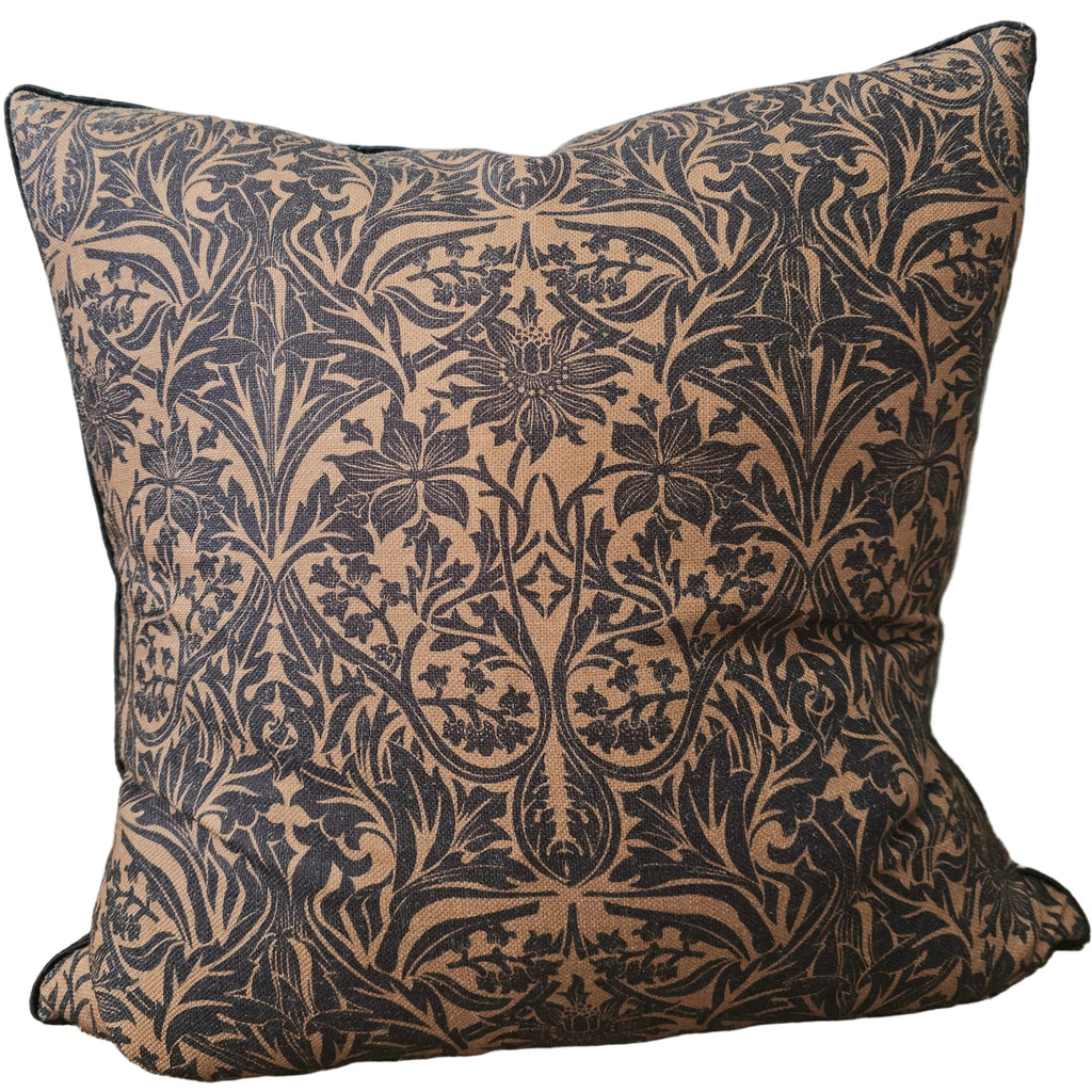 Midnight Flora Tapestry Cushion 55cm Square - Warm Tan | Dark Charcoal