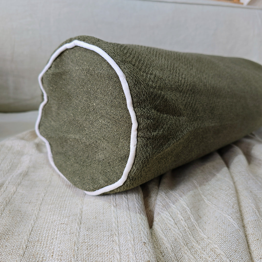 Hailey Linen Chenille Cushion Bolster 60cm Length - Moss Green with Natural Piping