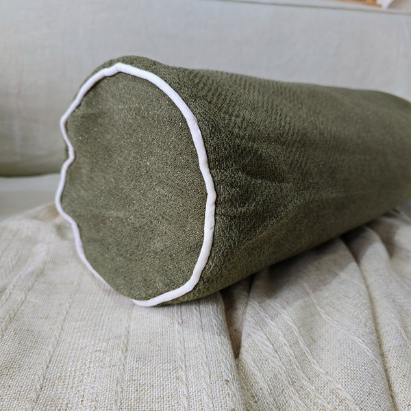 Hailey Linen Chenille Cushion Bolster 60cm Length - Moss Green with Natural Piping