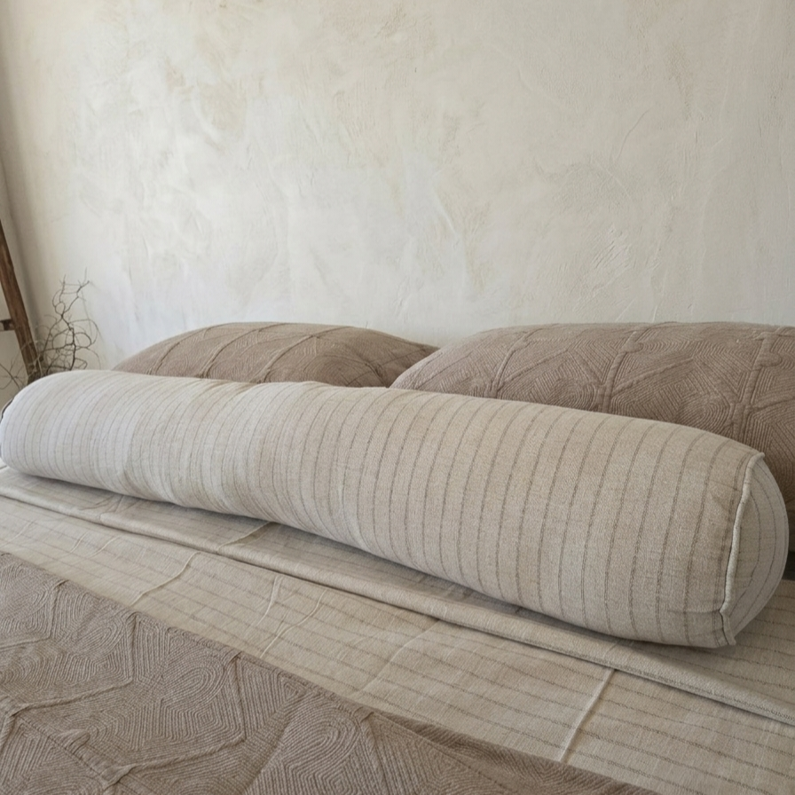 Lara Linen Cushion Long Bolster 120cm Length - Natural Stripe