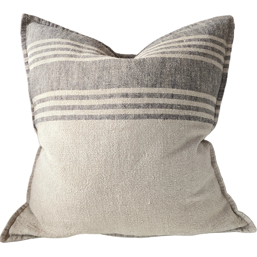 The Anchor Heavyweight Linen Cushion 55cm Square - Natural | Charcoal Grey Stripe