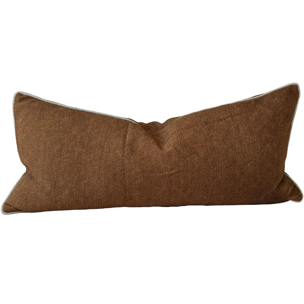 Hailey Linen Chenille Cushion 40x90cm Long Lumbar - Terracotta with Natural Piping