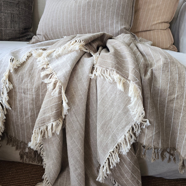 PREORDER MID AUGUST DROP | Everly Pure Linen Fringe Reversible Throw 140cm x 220cm - Khaki