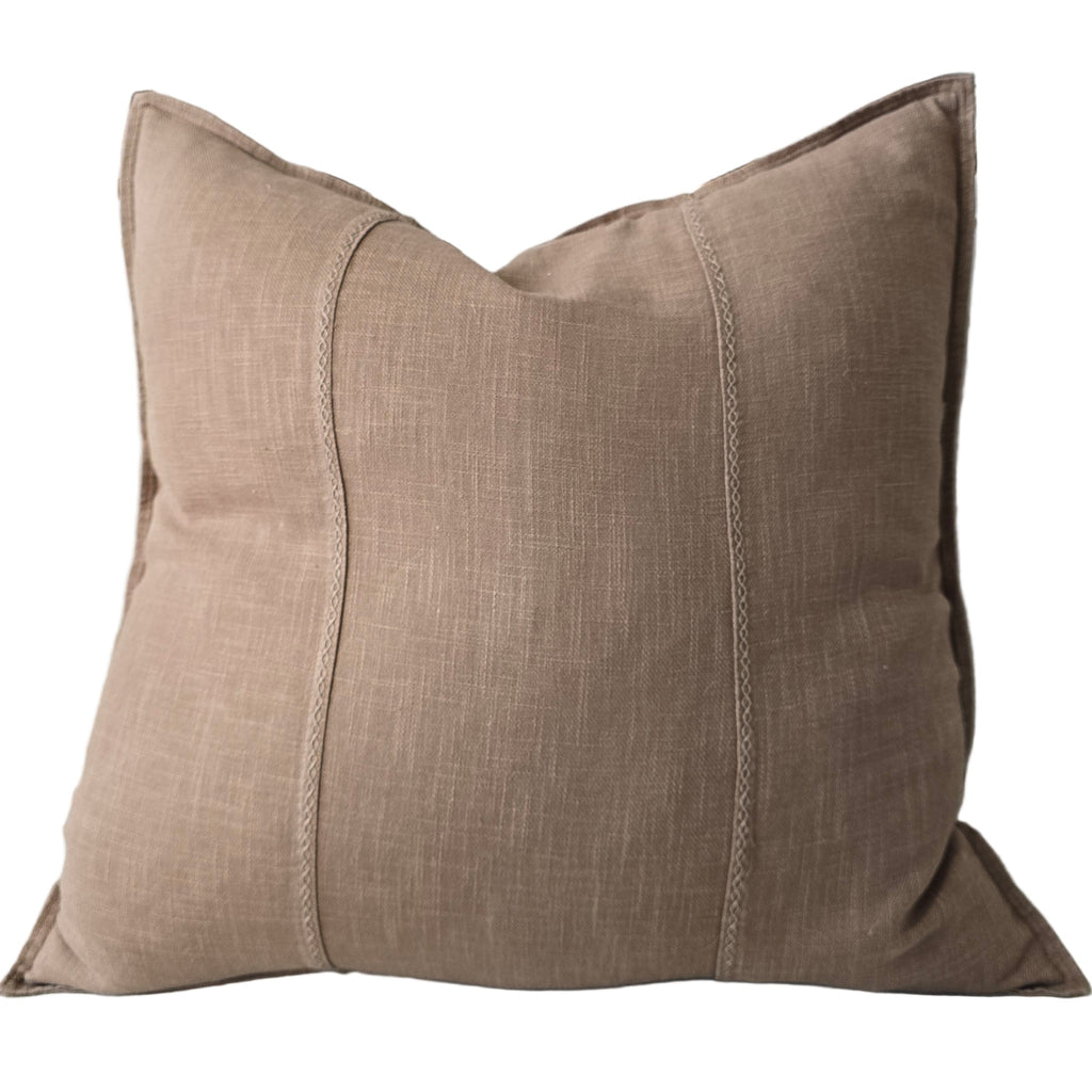 Eveleigh Stonewashed Linen Cotton Cushion 55cm Square - Stone  | Embroidery Double Striped