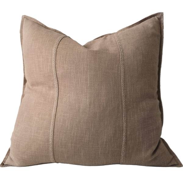 Eveleigh Stonewashed Linen Cotton Cushion 55cm Square - Stone  | Embroidery Double Striped