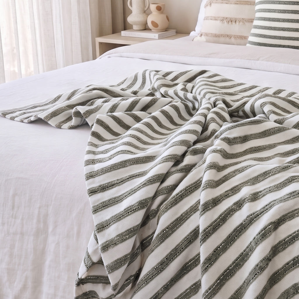 Atlas Massive Throw Bedcover 150cm x 230cm - Beige | Sage Green Stripe