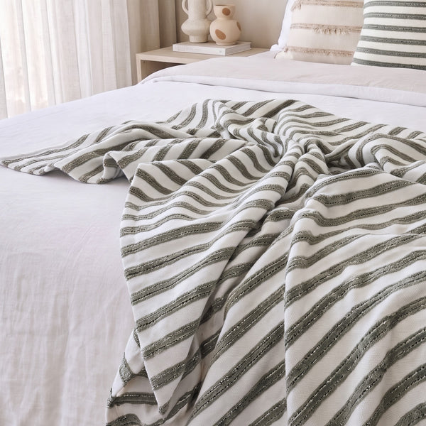 Atlas Massive Throw Bedcover 150cm x 230cm - Beige | Sage Green Stripe