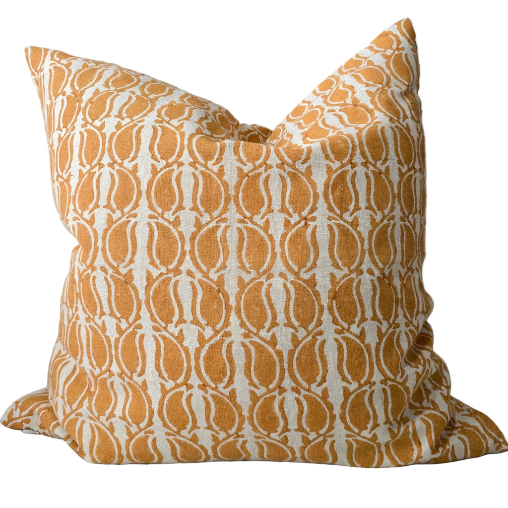 Penelope Artisan Block Printed Heavy Weight Pure French Linen Cushion 55cm Square - Taffy