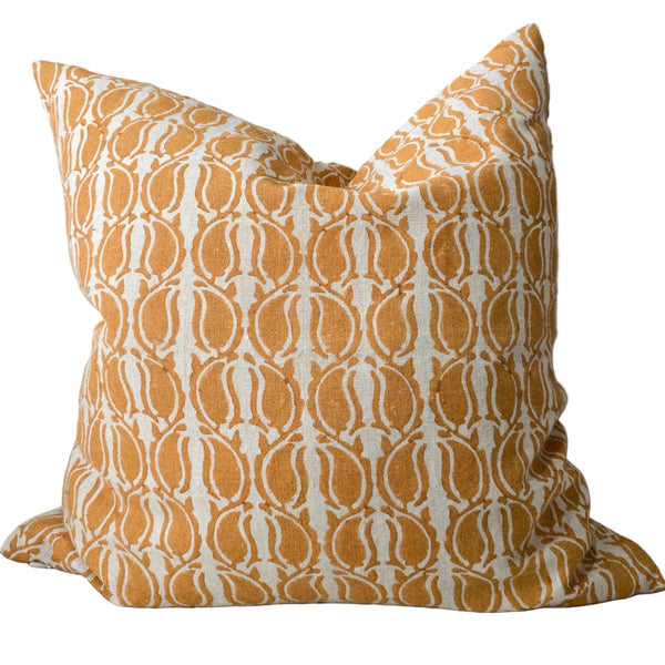 Penelope Artisan Block Printed Heavy Weight Pure French Linen Cushion 55cm Square - Taffy