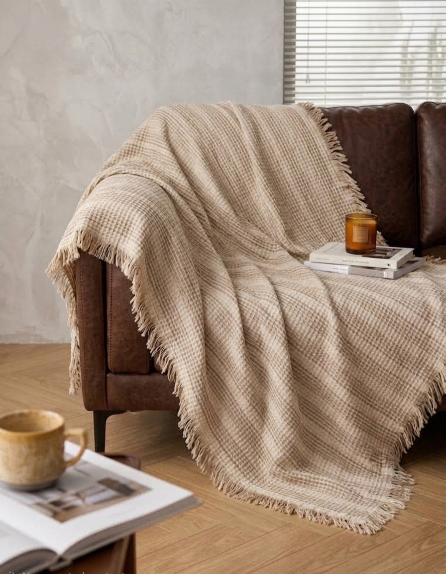 PREORDER MID-END SEP DROP | Twilight Stripe Cotton Throw 150cm x 200cm - Tan | Cream White